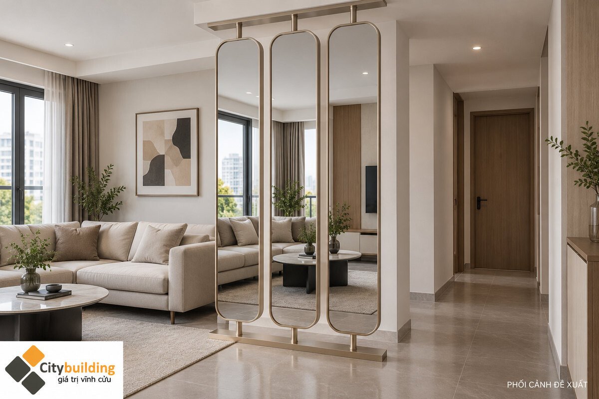 Phối cảnh ba tấm gương đứng bo dài trong khung màu champagne