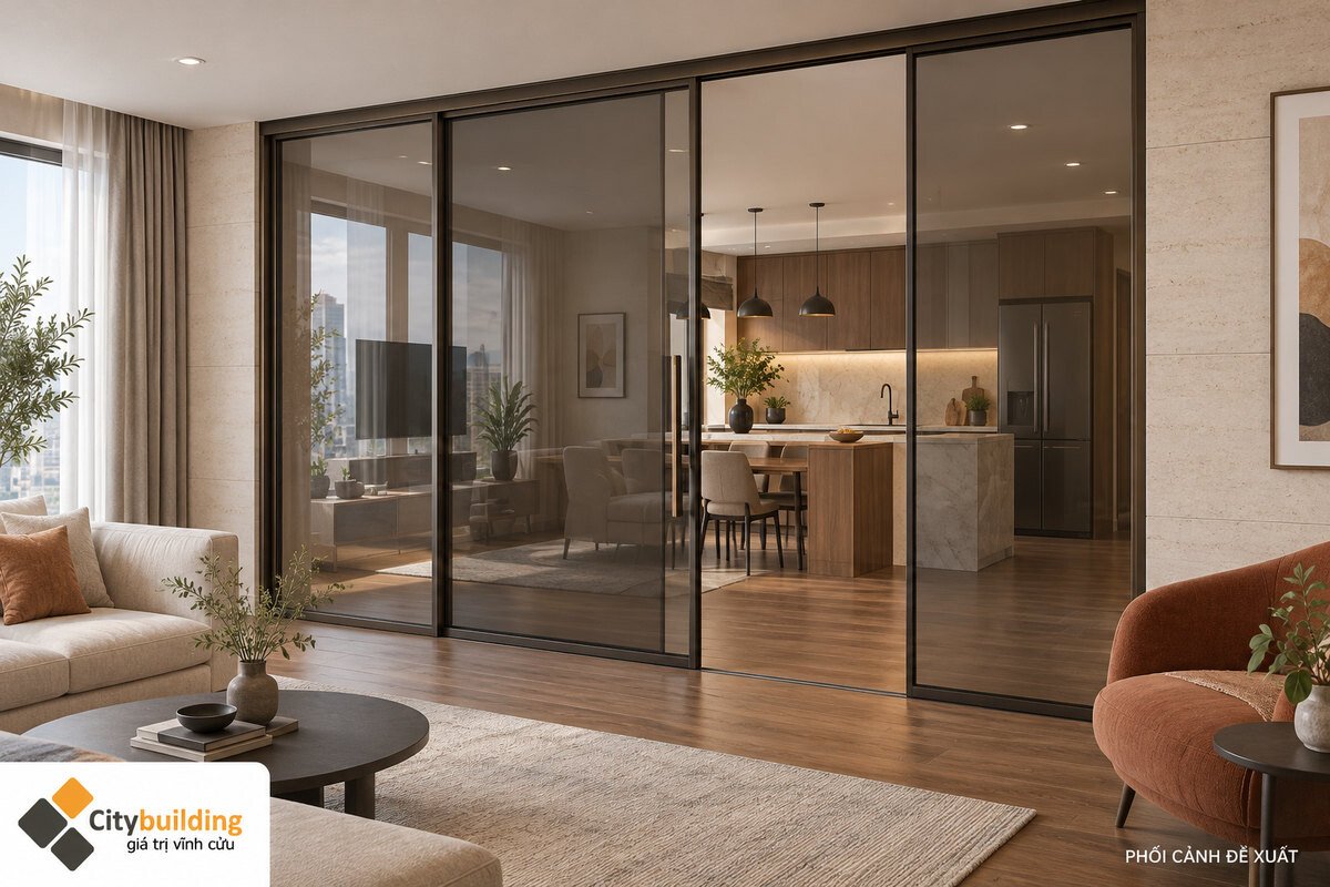 Phối cảnh vách kính cửa lùa khung đồng sẫm với lối mở rộng