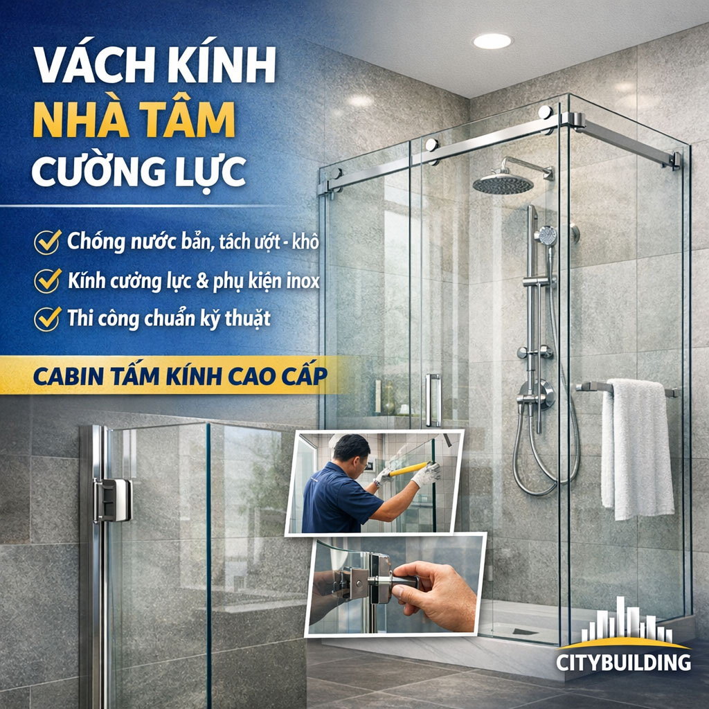 📌 Vách kính nhà tắm giúp tách khu ướt – khô, phòng tắm luôn sạch và sang. Citybuilding thi công chuẩn kỹ thuật, kính an toàn, phụ kiện inox bền, khảo sát – lắp đặt nhanh.