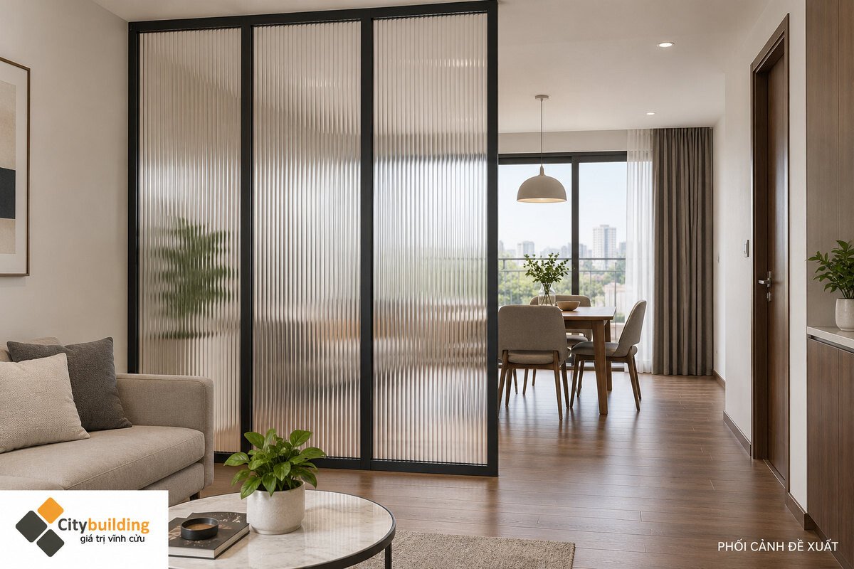 Phối cảnh vách kính sọc khung đen giữa phòng khách và bàn ăn