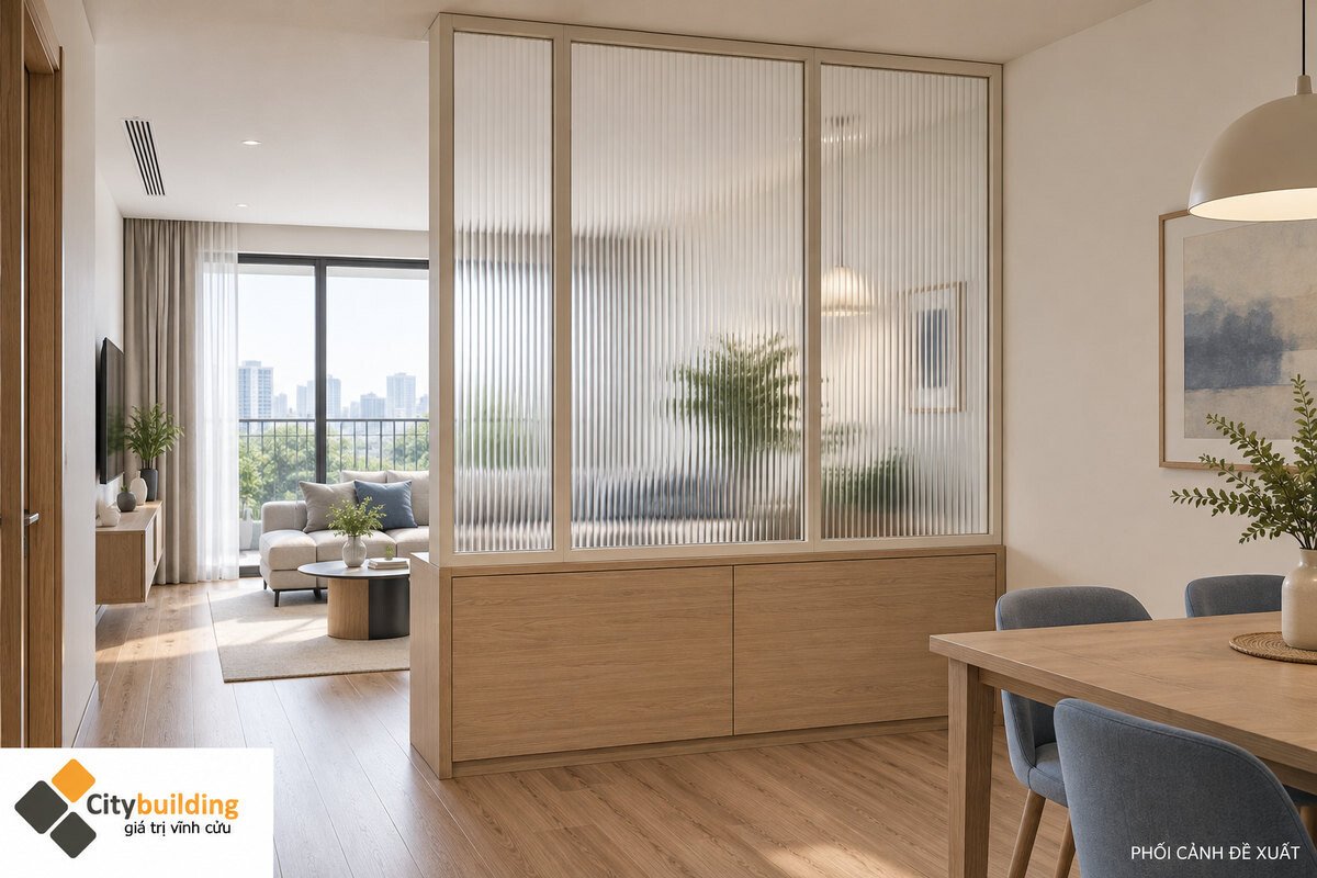 Phối cảnh kính sọc khung góc vuông màu kem đặt trên tủ thấp