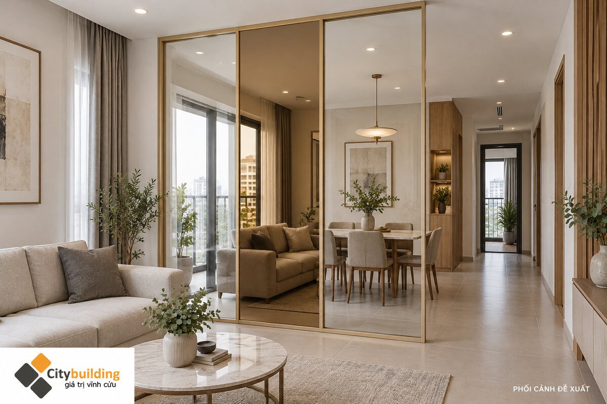 Phối cảnh vách kính trong kết hợp mảng gương tông đồng
