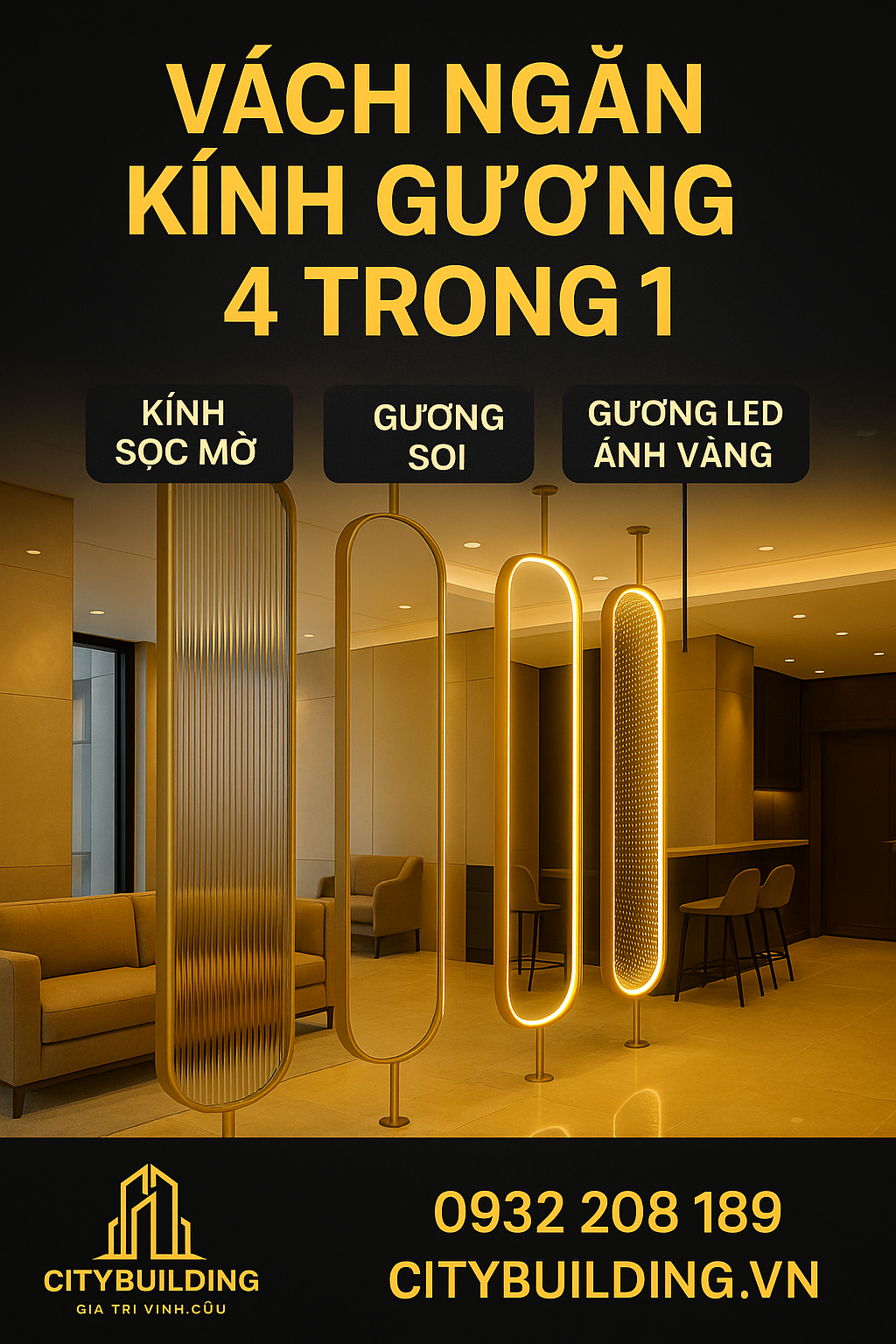 📍 VÁCH NGĂN PHÒNG KHÁCH GƯƠNG KÍNH CITYBUILDING – GIẢI PHÁP TRANG TRÍ SANG TRỌNG, HIỆN ĐẠI