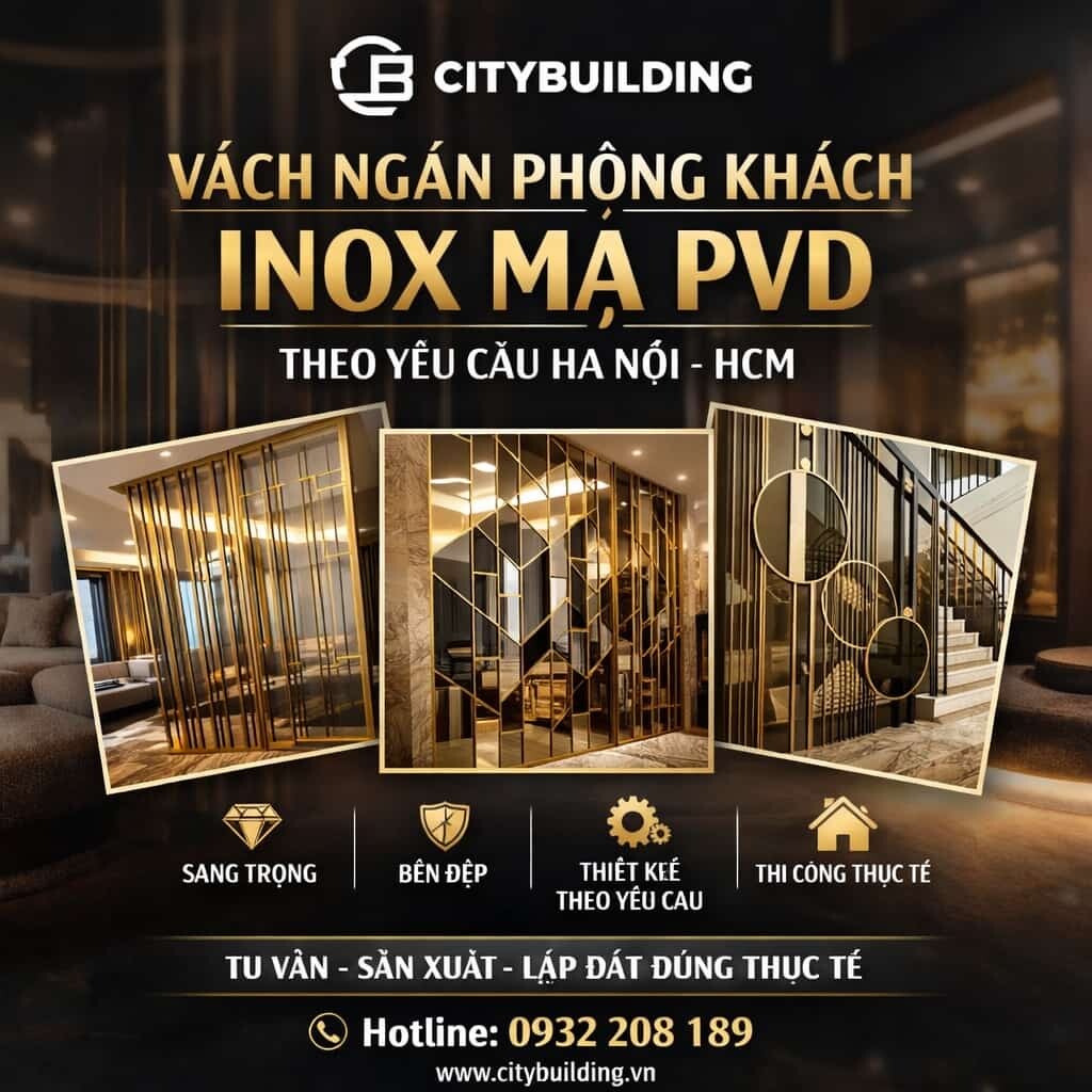 VÁCH NGĂN PHÒNG KHÁCH INOX MẠ PVD THEO YÊU CẦU HÀ NỘI HCM CITYBUILDING