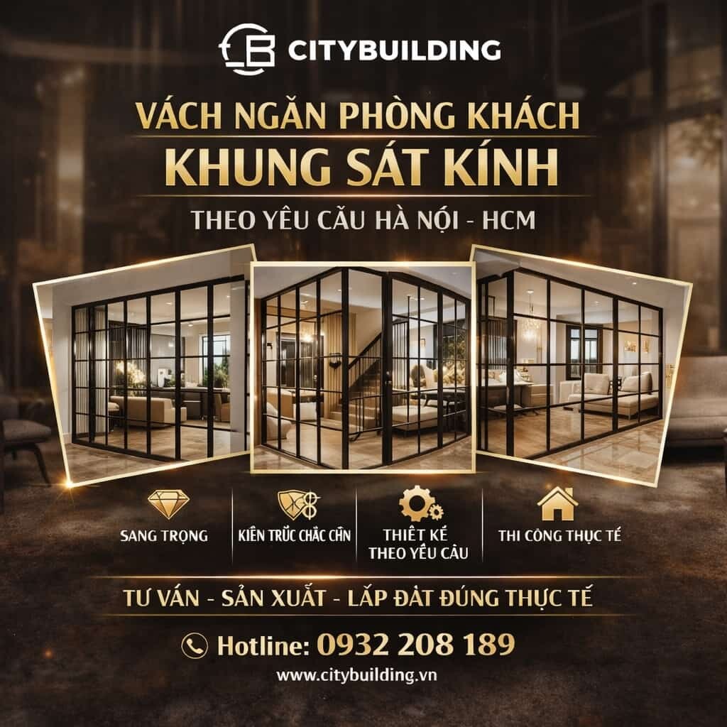 VÁCH NGĂN PHÒNG KHÁCH KHUNG SẮT KÍNH THEO YÊU CẦU HÀ NỘI HCM CITYBUILDING