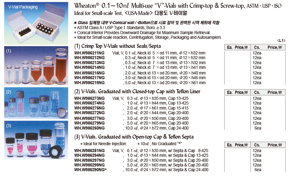 WH.W986211NG Wheaton 0.1~10㎖ Multi-use “V”-Vials