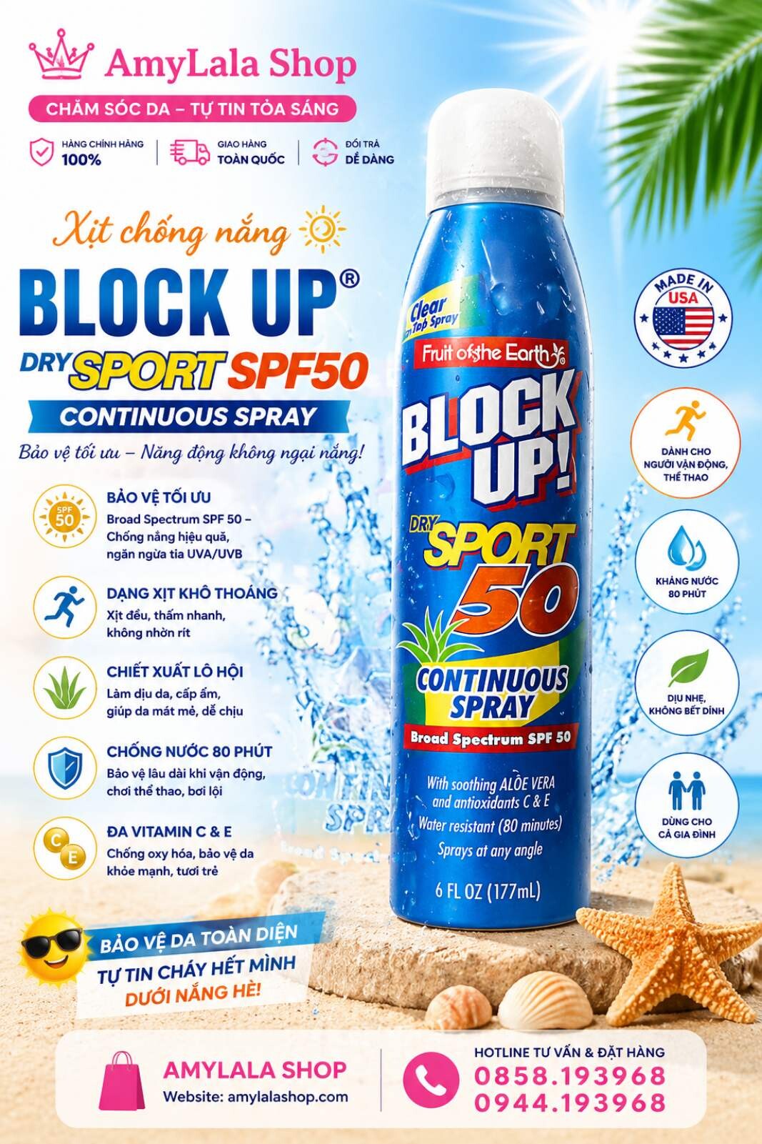 Xịt chống nắng Block Up Dry Sport SPF50 đa Vitamin dưỡng sáng da - 0858193968 - 0944193968 - amylalashop.com -