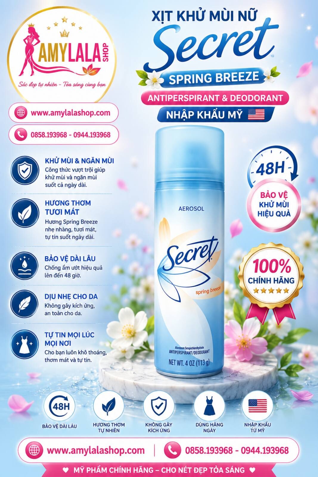 Xịt khử mùi nữ Secret Spring Breeze Antiperspirant Deodorant (Made in USA) - 0858193968 - 0944193968 - amylalashop.com -