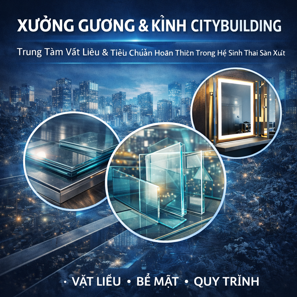 💠 Xưởng Gương & Kính Citybuilding kiểm soát vật liệu, bề mặt và quy trình hoàn thiện, giữ vai trò trung tâm trong hệ sinh thái sản xuất gương & kính ổn định, an toàn và đồng bộ.