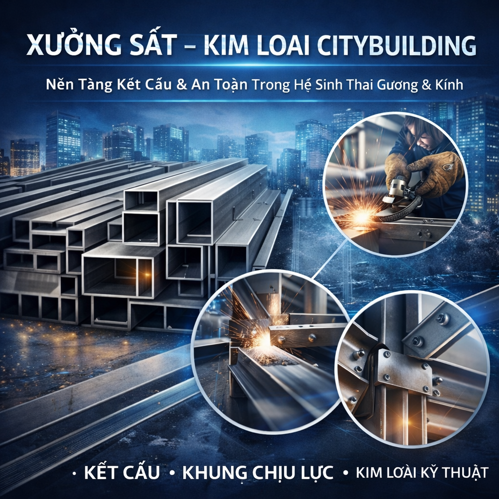 Citybuilding xây dựng xưởng Sắt – Kim loại như một khối năng lực kết cấu chuyên biệt, giữ vai trò nền tảng trong toàn bộ hệ sinh thái sản xuất. Trong các hạng mục gương & kính, kết cấu kim loại không trực tiếp “nhìn thấy”, nhưng lại quyết định độ an toàn, độ ổn định và tuổi thọ công trình.